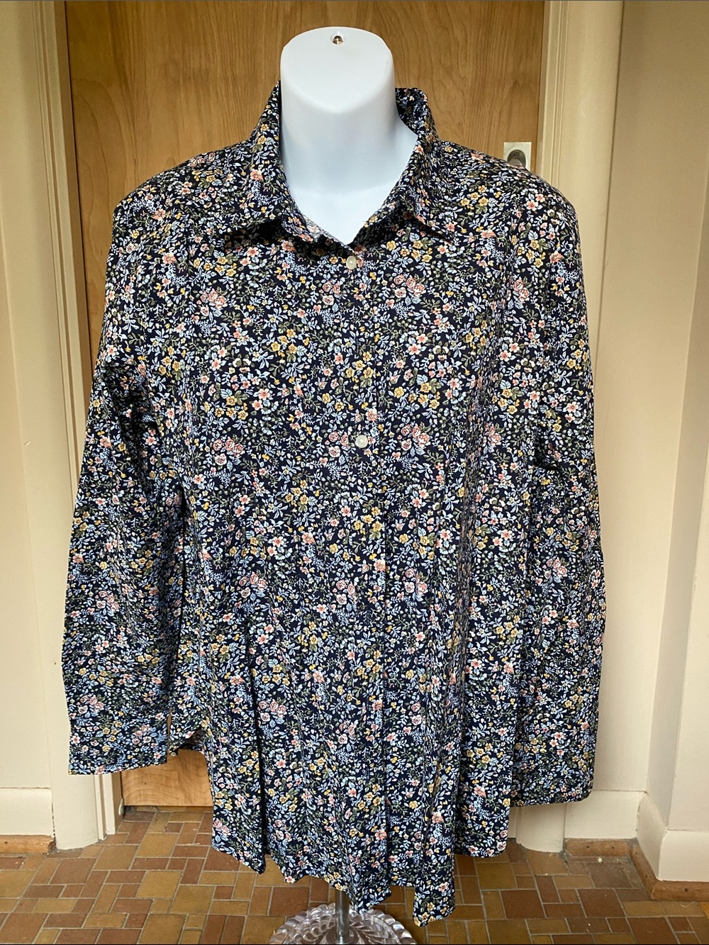 LOFT Navy Button-Down Shirt with Pink & Yellow Floral Print